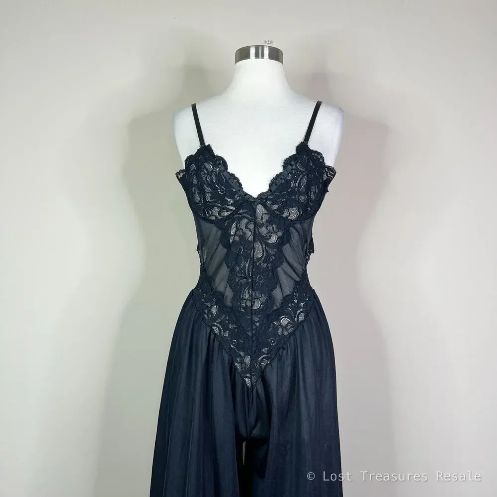Vintage 80s Andrea Kristoff Escante Black Lace Sheer Wide Leg Lingerie Jumpsuit